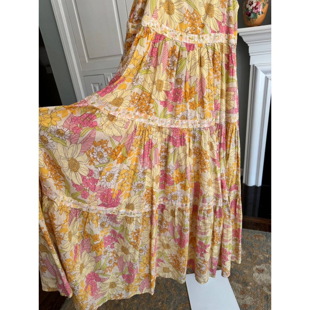 American Eagle Floral Tiered Maxi Dress Yellow Pink Retro Boho Sun Dress XS - Picture 4 of 8